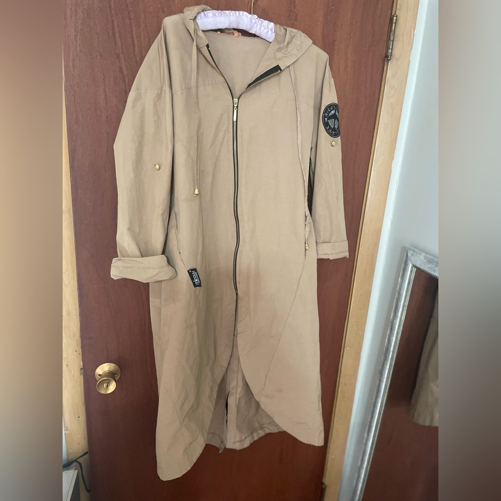Tan Long Coat with Patch Detail. Expens. Expensive Designer